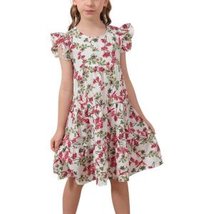 imageGORLYA Girls Floral Print Ruffle Sleeve Tiered Loose Fit Pleated Swing Midi Dress 414TWhite Print
