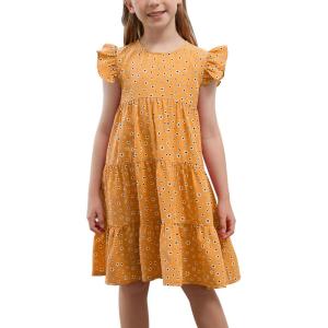 imageGORLYA Girls Floral Print Ruffle Sleeve Tiered Loose Fit Pleated Swing Midi Dress 414TYellow Flower