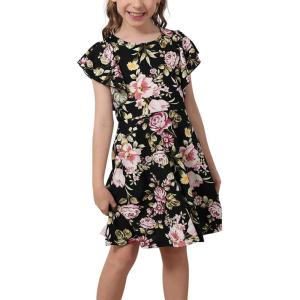 imageGORLYA Girls Flutter Sleeve Stretchy ALine Swing Flared Skater Party Dress with Pockets for 412 Years KidsBlack Print