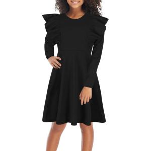 imageGORLYA Girls Flutter Sleeve Stretchy ALine Swing Flared Skater Party Dress with Pockets for 412 Years KidsBlacklong Sleeve
