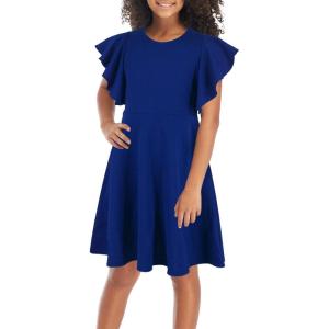 imageGORLYA Girls Flutter Sleeve Stretchy ALine Swing Flared Skater Party Dress with Pockets for 412 Years KidsBlue