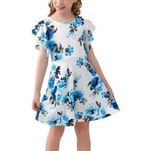 imageGORLYA Girls Flutter Sleeve Stretchy ALine Swing Flared Skater Party Dress with Pockets for 412 Years KidsBlue Flower