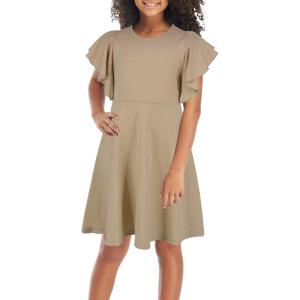 imageGORLYA Girls Flutter Sleeve Stretchy ALine Swing Flared Skater Party Dress with Pockets for 412 Years KidsKhaki