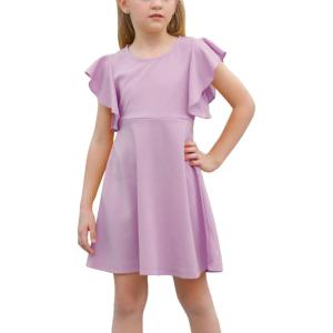imageGORLYA Girls Flutter Sleeve Stretchy ALine Swing Flared Skater Party Dress with Pockets for 412 Years KidsMauve