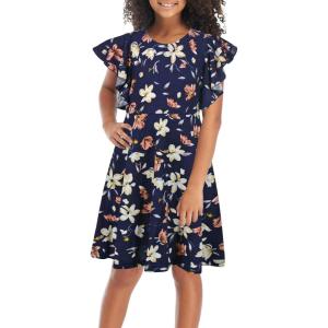 imageGORLYA Girls Flutter Sleeve Stretchy ALine Swing Flared Skater Party Dress with Pockets for 412 Years KidsNavy Print