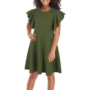 imageGORLYA Girls Flutter Sleeve Stretchy ALine Swing Flared Skater Party Dress with Pockets for 412 Years KidsOlive