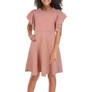 imageGORLYA Girls Flutter Sleeve Stretchy ALine Swing Flared Skater Party Dress with Pockets for 412 Years KidsPink