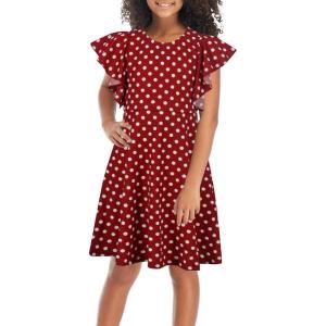 imageGORLYA Girls Flutter Sleeve Stretchy ALine Swing Flared Skater Party Dress with Pockets for 412 Years KidsRed Dot