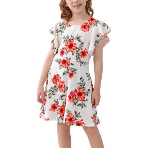 imageGORLYA Girls Flutter Sleeve Stretchy ALine Swing Flared Skater Party Dress with Pockets for 412 Years KidsRed Flower