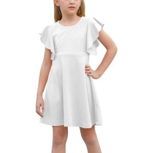 imageGORLYA Girls Flutter Sleeve Stretchy ALine Swing Flared Skater Party Dress with Pockets for 412 Years KidsWhite