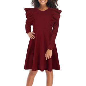 imageGORLYA Girls Flutter Sleeve Stretchy ALine Swing Flared Skater Party Dress with Pockets for 412 Years KidsWine Redlong Sleeve