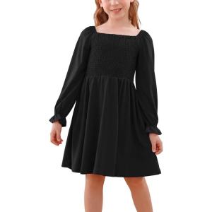 imageGORLYA Girls Long Puff Sleeve Square Neck Boho Frilly Smocked Shirred Flared Midi Dress 414TBlack