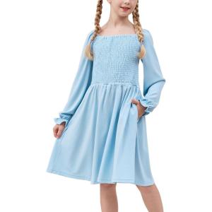 imageGORLYA Girls Long Puff Sleeve Square Neck Boho Frilly Smocked Shirred Flared Midi Dress 414TBlue
