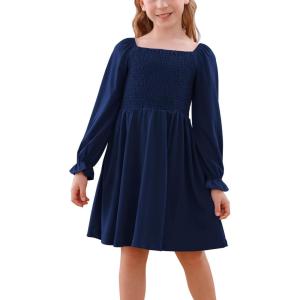 imageGORLYA Girls Long Puff Sleeve Square Neck Boho Frilly Smocked Shirred Flared Midi Dress 414TNavy