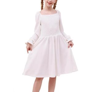 imageGORLYA Girls Long Puff Sleeve Square Neck Boho Frilly Smocked Shirred Flared Midi Dress 414TWhite