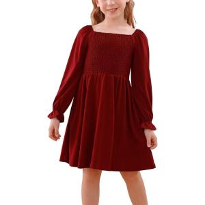 imageGORLYA Girls Long Puff Sleeve Square Neck Boho Frilly Smocked Shirred Flared Midi Dress 414TWine Red