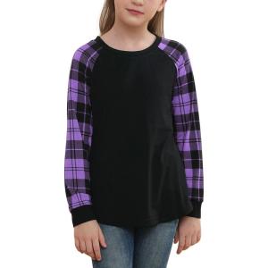 imageGORLYA Girls Long Sleeve Tops Raglan Patchwork Tunic Casual Loose TShirt for 414TPurple Plaid