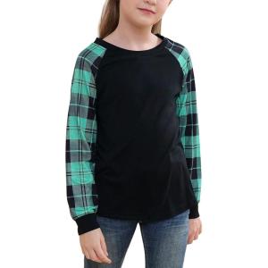 imageGORLYA Girls Long Sleeve Tops Raglan Patchwork Tunic Casual Loose TShirt for 414TTeal Plaid
