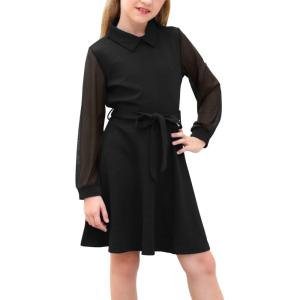 imageGORLYA Girls Mesh Long Sleeve Peter Pan Collar Casual Vintage Aline Party Belted Dress with Pockets for 414TBlack Color