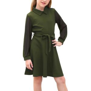imageGORLYA Girls Mesh Long Sleeve Peter Pan Collar Casual Vintage Aline Party Belted Dress with Pockets for 414TGreen