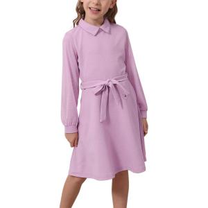 imageGORLYA Girls Mesh Long Sleeve Peter Pan Collar Casual Vintage Aline Party Belted Dress with Pockets for 414TMauve