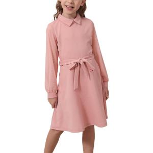 imageGORLYA Girls Mesh Long Sleeve Peter Pan Collar Casual Vintage Aline Party Belted Dress with Pockets for 414TPink