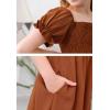 imageGORLYA Girls Puff Sleeve Square Neck Boho Frilly Smocked Shirred Flared Midi Dress 414TBrown