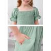 imageGORLYA Girls Puff Sleeve Square Neck Boho Frilly Smocked Shirred Flared Midi Dress 414TLight Green