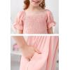 imageGORLYA Girls Puff Sleeve Square Neck Boho Frilly Smocked Shirred Flared Midi Dress 414TPink