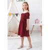 imageGORLYA Girls Puff Sleeve Square Neck Boho Frilly Smocked Shirred Flared Midi Dress 414TWine Red