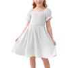 imageGORLYA Girls Puff Sleeve Square Neck Boho Frilly Smocked Shirred Flared Midi Dress 414TWhite