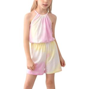 imageGORLYA Girls Jumpsuit Sleeveless Halter Neck Casual Short Rompers Outfits for 414TYellow Tiedye