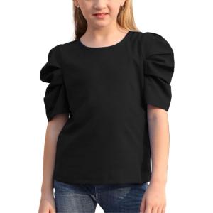 imageGORLYA Girls Puff Sleeve Casual Solid TShirt Pullover Keyhole Back Blouse Tops for 414T KidsBlack Color