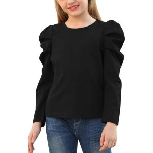 imageGORLYA Girls Puff Sleeve Casual Solid TShirt Pullover Keyhole Back Blouse Tops for 414T KidsBlacklong Sleeve