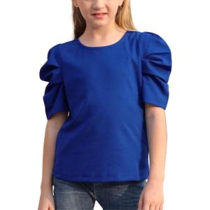 imageGORLYA Girls Puff Sleeve Casual Solid TShirt Pullover Keyhole Back Blouse Tops for 414T KidsBlue Color