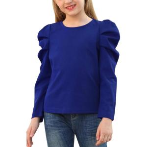 imageGORLYA Girls Puff Sleeve Casual Solid TShirt Pullover Keyhole Back Blouse Tops for 414T KidsBluelong Sleeve