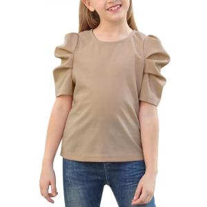 imageGORLYA Girls Puff Sleeve Casual Solid TShirt Pullover Keyhole Back Blouse Tops for 414T KidsKhaki