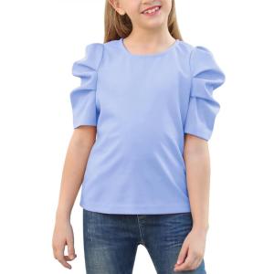 imageGORLYA Girls Puff Sleeve Casual Solid TShirt Pullover Keyhole Back Blouse Tops for 414T KidsLight Blue