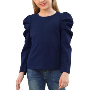 imageGORLYA Girls Puff Sleeve Casual Solid TShirt Pullover Keyhole Back Blouse Tops for 414T KidsNavylong Sleeve