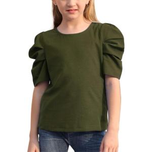 imageGORLYA Girls Puff Sleeve Casual Solid TShirt Pullover Keyhole Back Blouse Tops for 414T KidsOlive Color