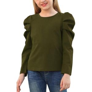 imageGORLYA Girls Puff Sleeve Casual Solid TShirt Pullover Keyhole Back Blouse Tops for 414T KidsOlivelong Sleeve
