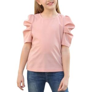 imageGORLYA Girls Puff Sleeve Casual Solid TShirt Pullover Keyhole Back Blouse Tops for 414T KidsPink