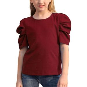 imageGORLYA Girls Puff Sleeve Casual Solid TShirt Pullover Keyhole Back Blouse Tops for 414T KidsWine Red