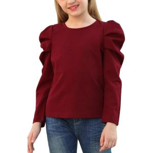imageGORLYA Girls Puff Sleeve Casual Solid TShirt Pullover Keyhole Back Blouse Tops for 414T KidsWine Redlong Sleeve