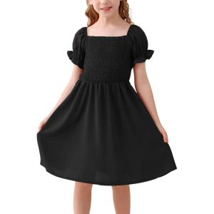 imageGORLYA Girls Puff Sleeve Square Neck Boho Frilly Smocked Shirred Flared Midi Dress 414TBlack