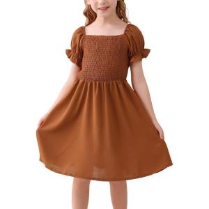 imageGORLYA Girls Puff Sleeve Square Neck Boho Frilly Smocked Shirred Flared Midi Dress 414TBrown