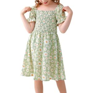 imageGORLYA Girls Puff Sleeve Square Neck Boho Frilly Smocked Shirred Flared Midi Dress 414TGreen Print