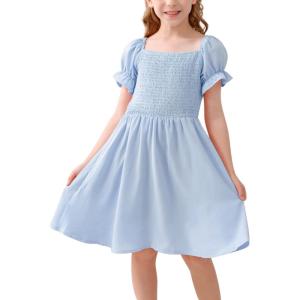 imageGORLYA Girls Puff Sleeve Square Neck Boho Frilly Smocked Shirred Flared Midi Dress 414TLight Blue