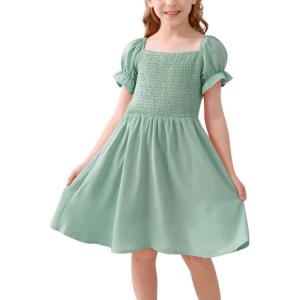 imageGORLYA Girls Puff Sleeve Square Neck Boho Frilly Smocked Shirred Flared Midi Dress 414TLight Green