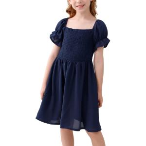 imageGORLYA Girls Puff Sleeve Square Neck Boho Frilly Smocked Shirred Flared Midi Dress 414TNavy